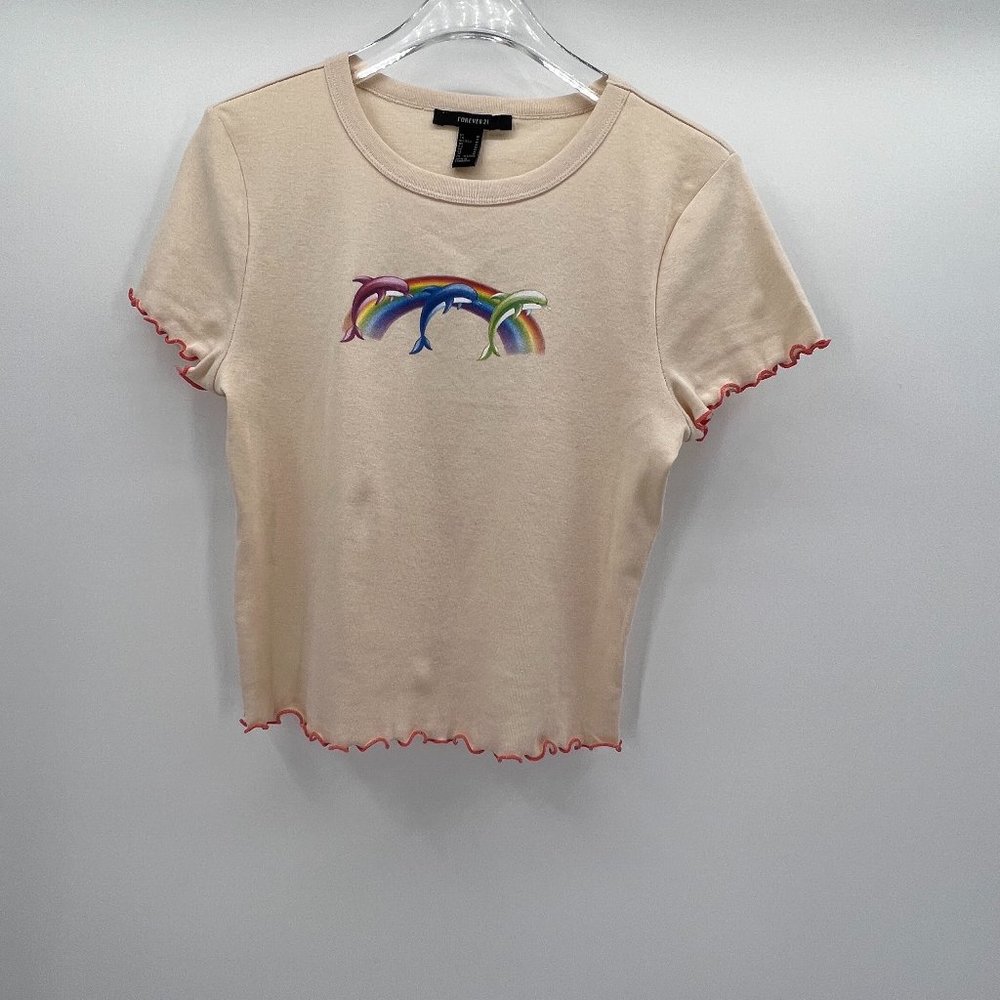 Forever 21 Rainbow Dolphin Lettuce Trim Graphic Tee Women's Size M